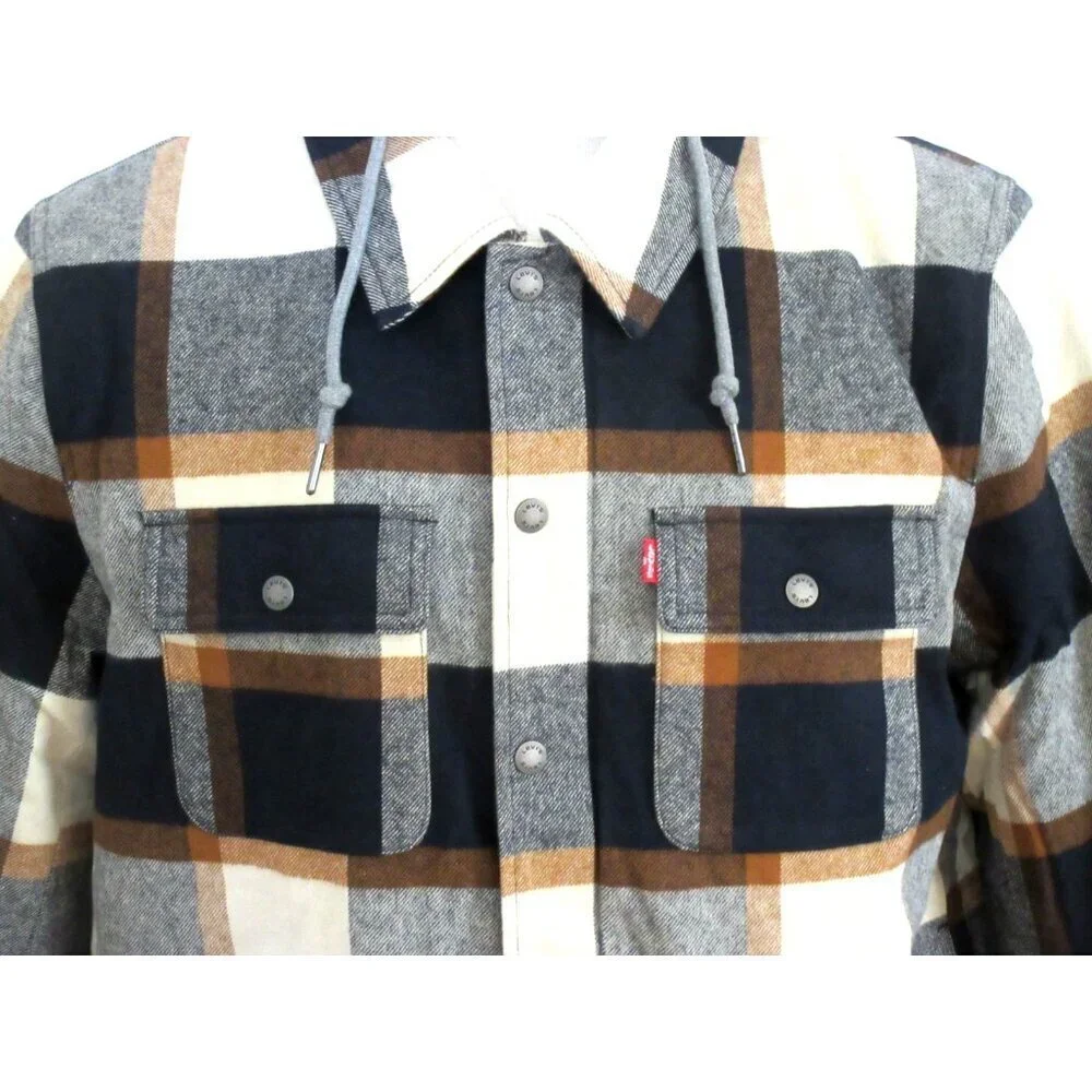 Levi's Men's Cotton Putty Brown Plaid Sherpa Lined Hooded Shirt Jacket NWT - Picture 4 of 8